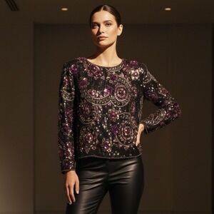 Vintage SCALA Beaded Silk Evening Top XL Multicolor Sequin Cocktail Blouse XL